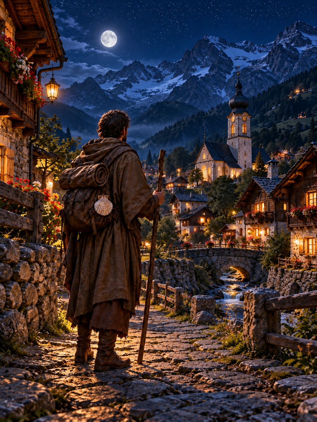 The pilgrim before an alpine village at night, a church with an onion dome, wooden chalets with flower boxes and snowy peaks