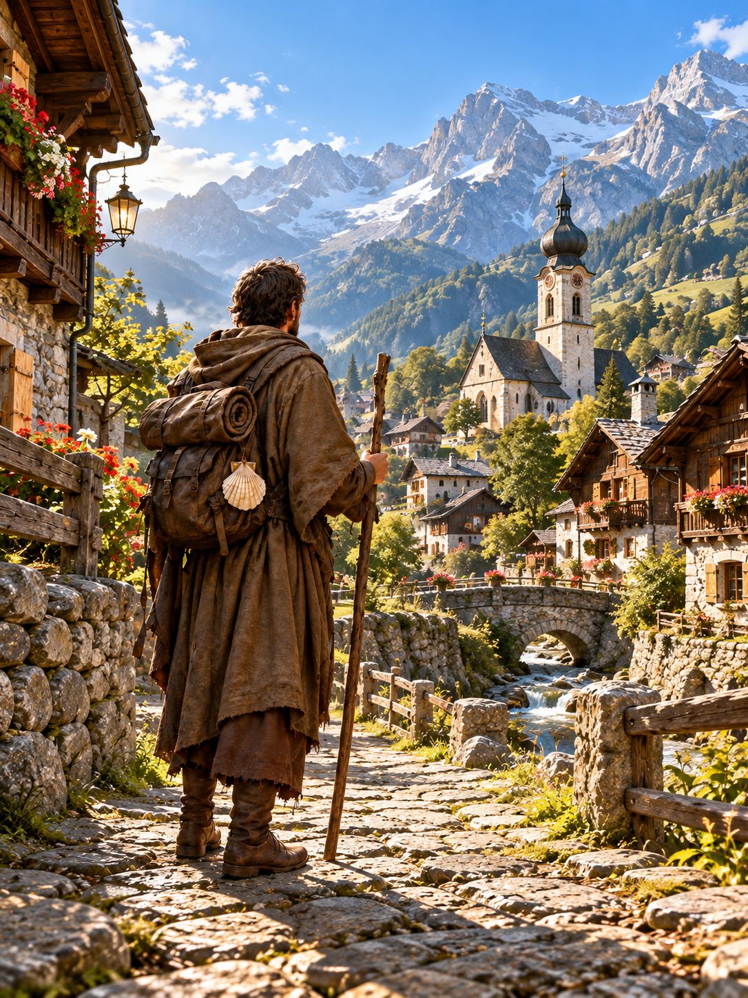 The pilgrim before the alpine village in daylight